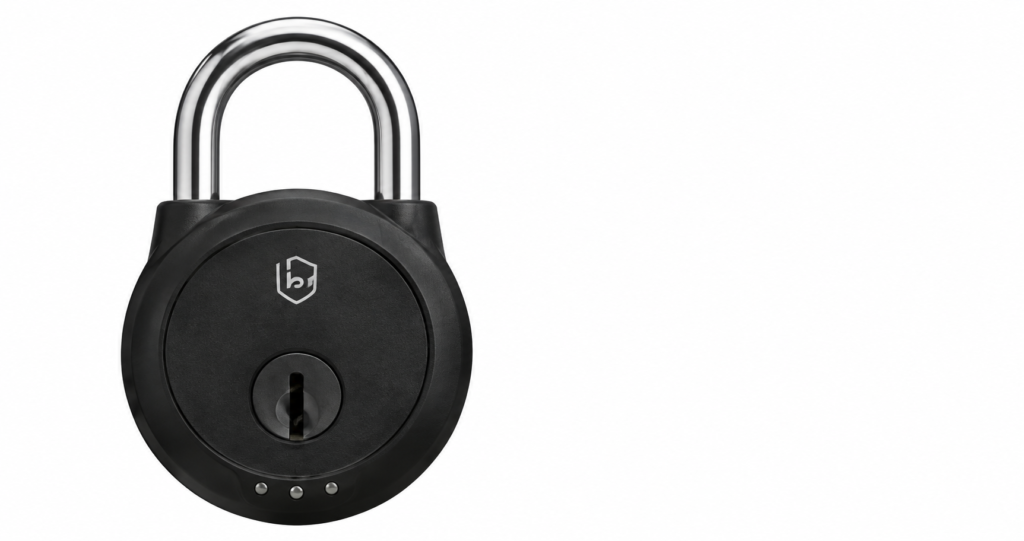 Black round padlock with metal shackle and keyhole