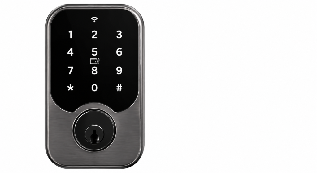 Smart keypad door lock with digital PIN entry and key cylinder