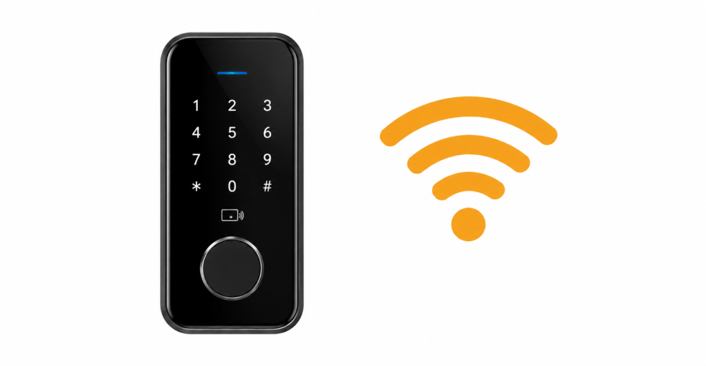 Smart WiFi door lock with keypad and wireless connectivity icon