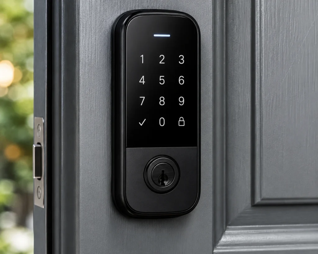 Close-up of a black smart door lock with an illuminated numeric keypad and keyhole mounted on a gray paneled front door.