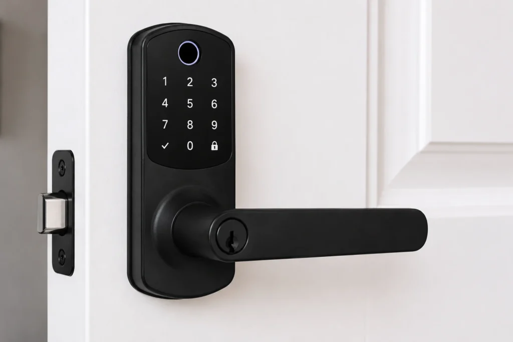 Close-up of a black smart door lock with a numeric keypad and lever handle installed on a white door.