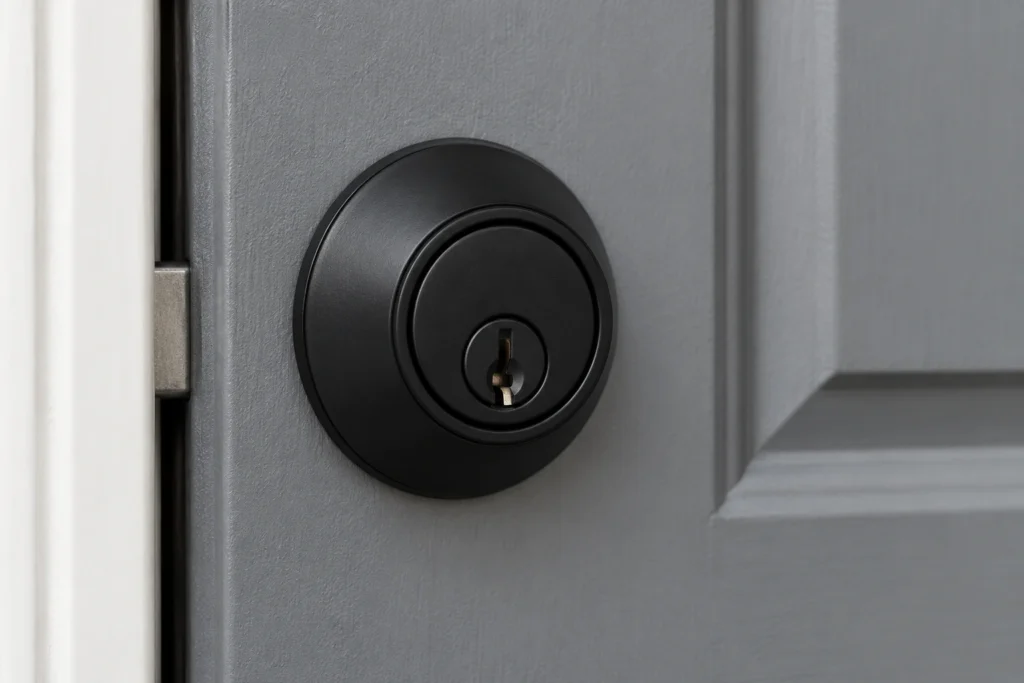 Close-up of a round matte-black deadbolt lock installed on a gray paneled door with a visible keyhole.